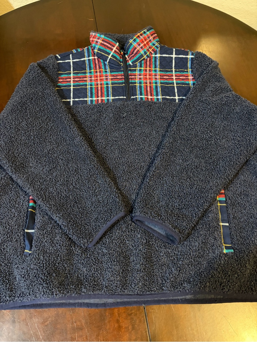 Vera Bradley Navy Sherpa Half-Zip Pullover with Multicolor Plaid Yoke